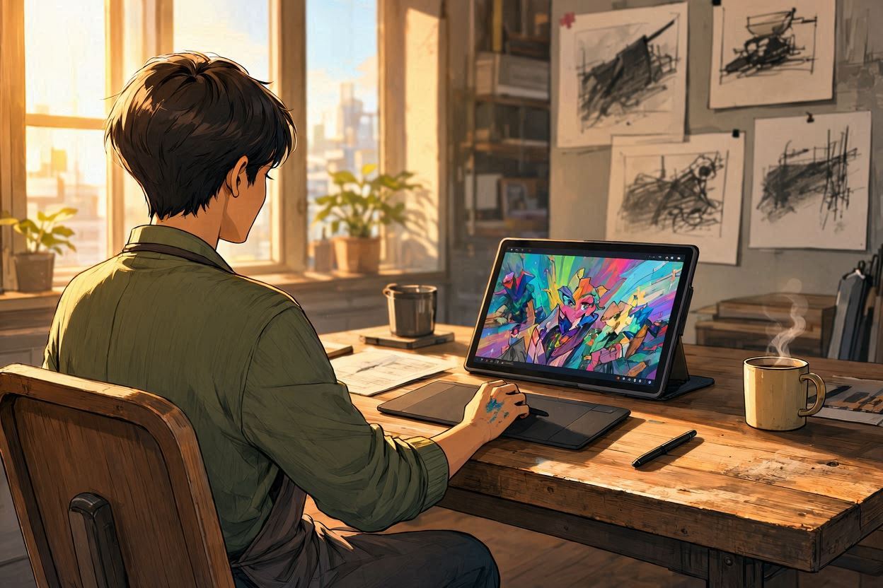 Artist working at a desktop computer, reflecting a modern game artist career