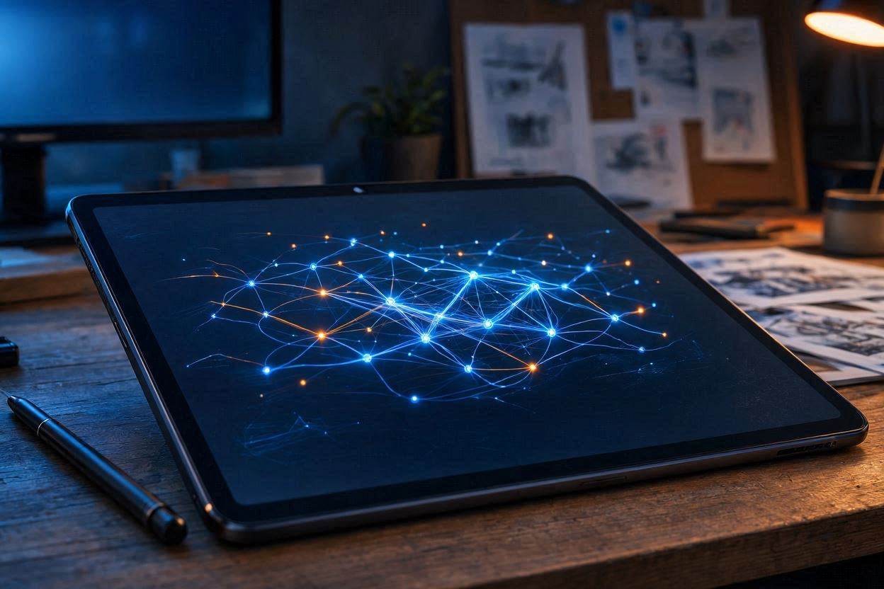 Glowing neural network graphic representing AI tools for artists