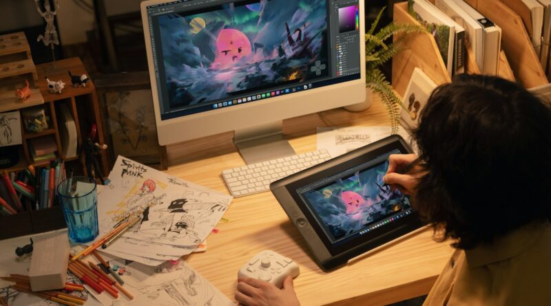 A digital artist creating artwork on a drawing tablet at a desk, representing creative workflows powered by the Adobe Firefly AI Assistant